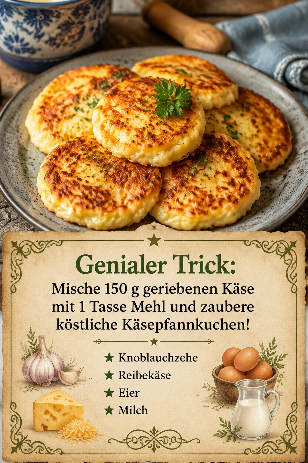 Genialer Trick: Mische 150 g geriebenen Käse mit 1 Tasse Mehl und zaubere köstliche Käsepfannkuchen!