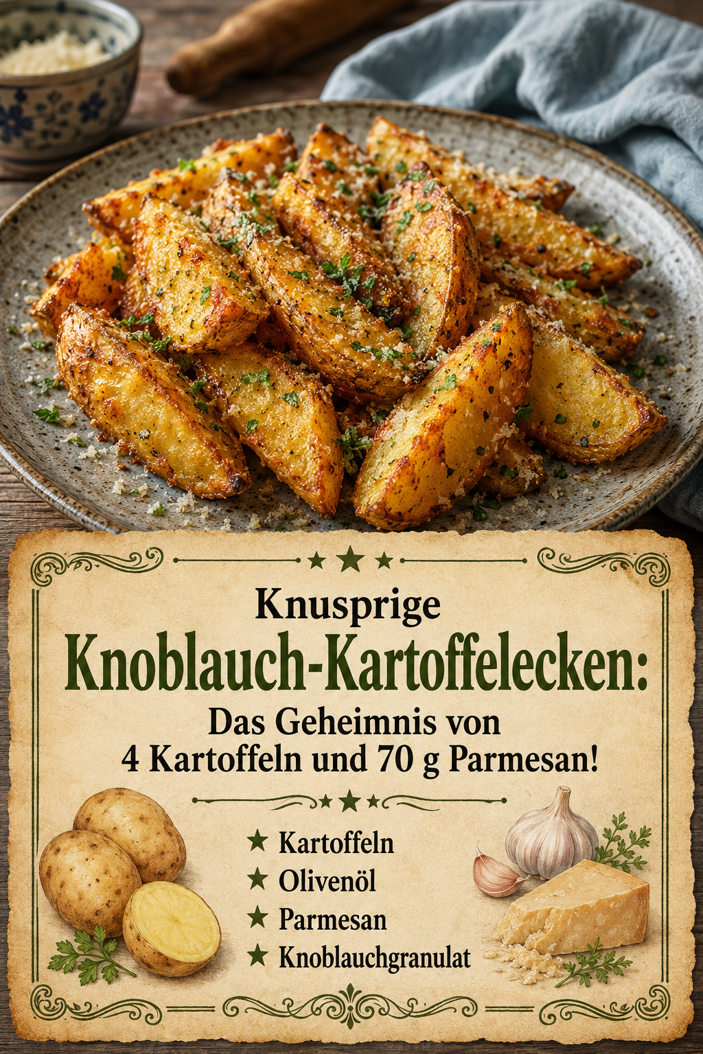 Knusprige Knoblauch-Kartoffelecken: Das Geheimnis von 4 Kartoffeln und 70 g Parmesan!