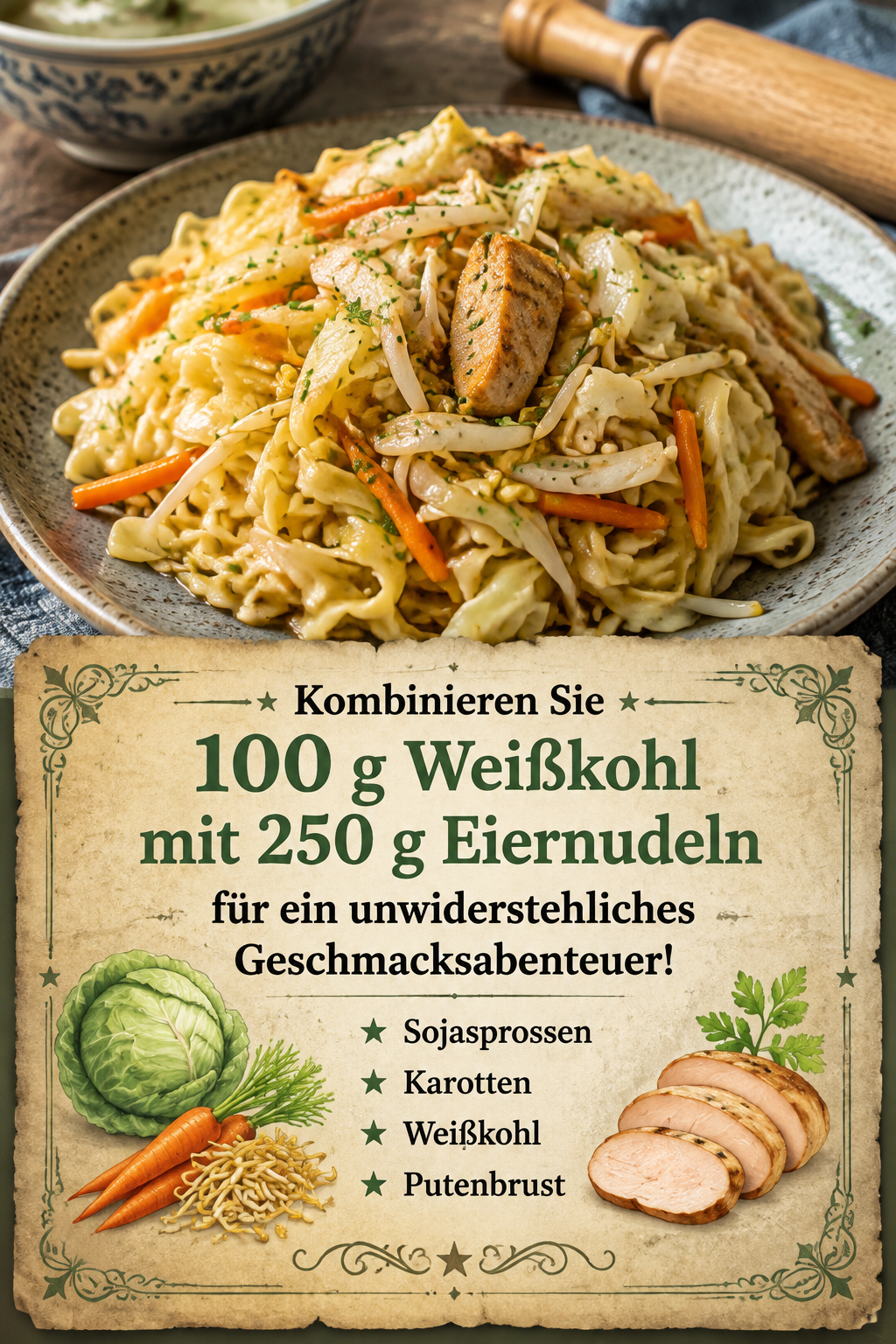 Kombinieren Sie 100 g Weißkohl mit 250 g Eiernudeln für ein unwiderstehliches Geschmacksabenteuer!