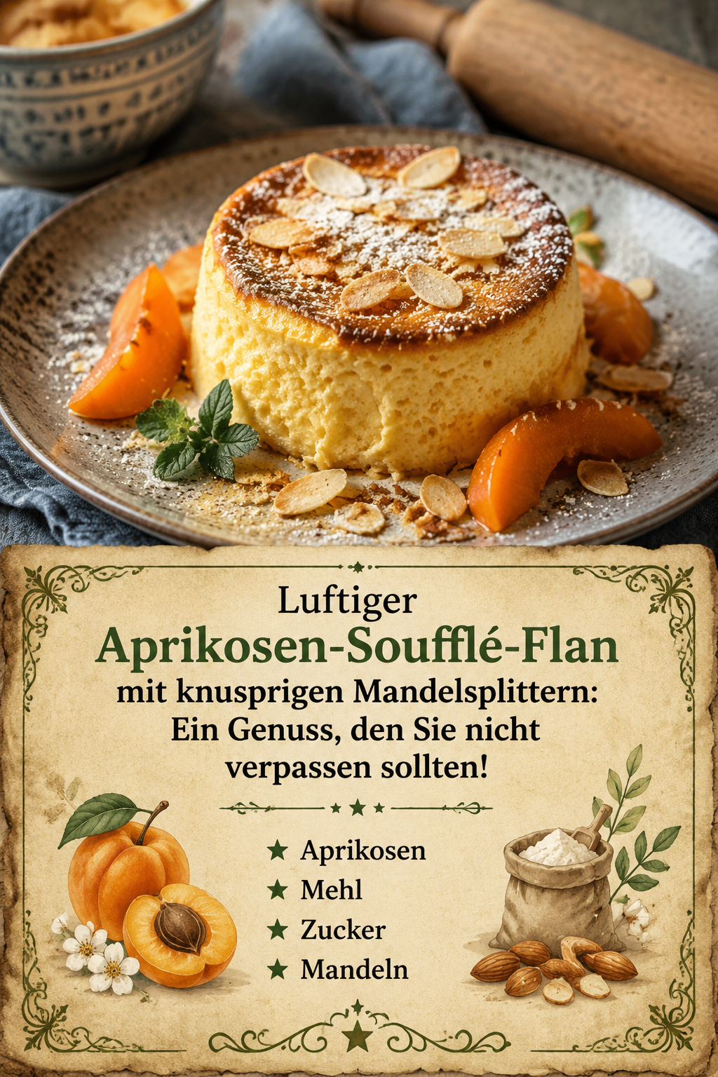 Luftiger Aprikosen-Soufflé-Flan mit knusprigen Mandelsplittern: Ein Genuss, den Sie nicht verpassen sollten!