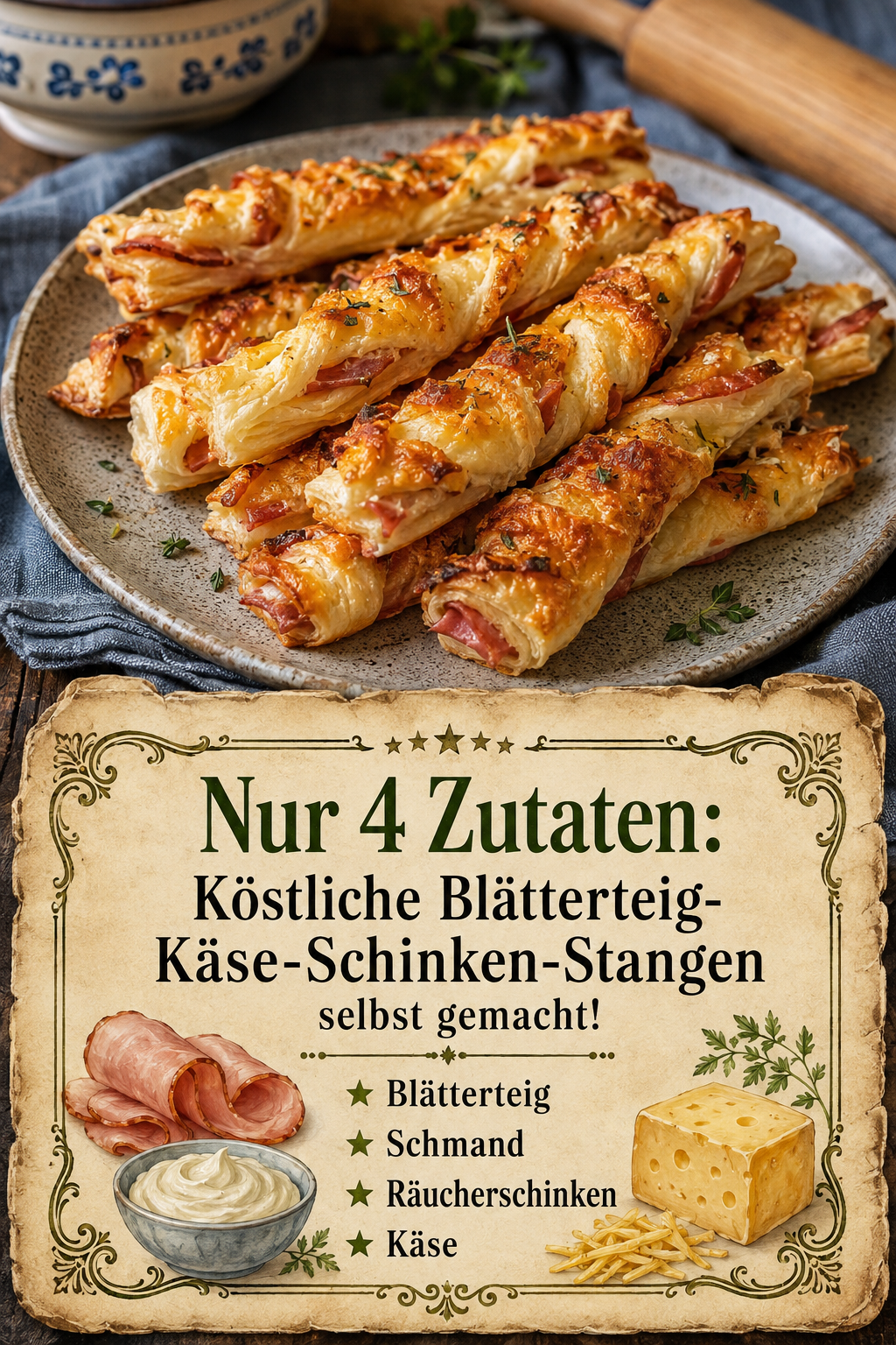 Nur 4 Zutaten: Köstliche Blätterteig-Käse-Schinken-Stangen selbst gemacht!