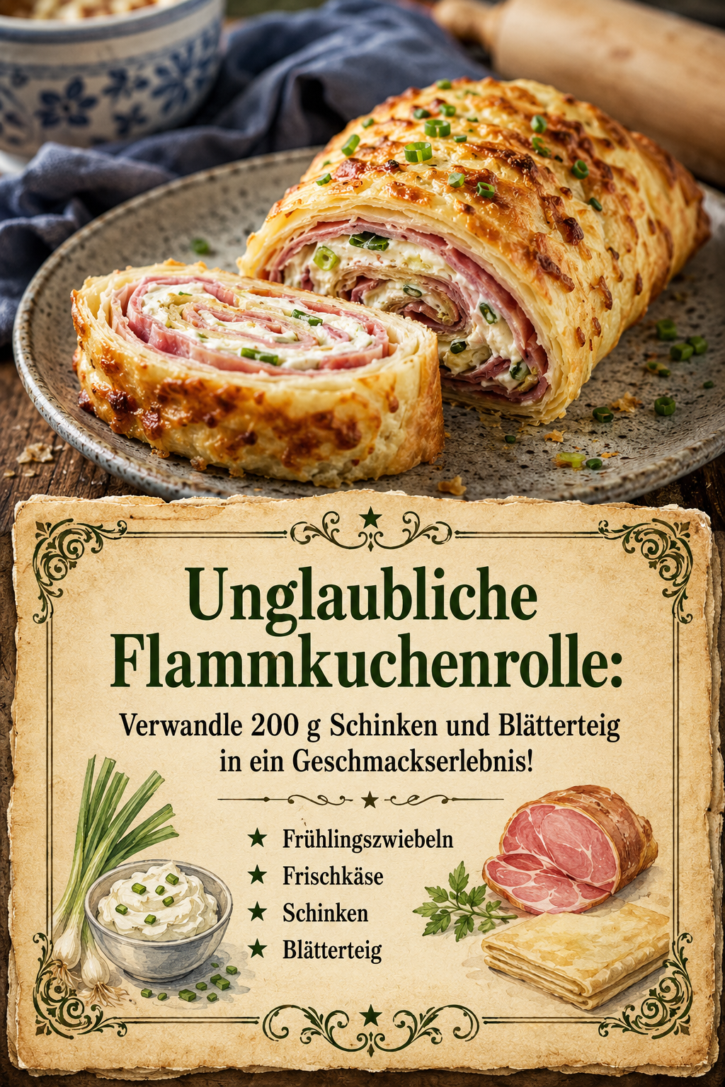 Unglaubliche Flammkuchenrolle: Verwandle 200 g Schinken und Blätterteig in ein Geschmackserlebnis!