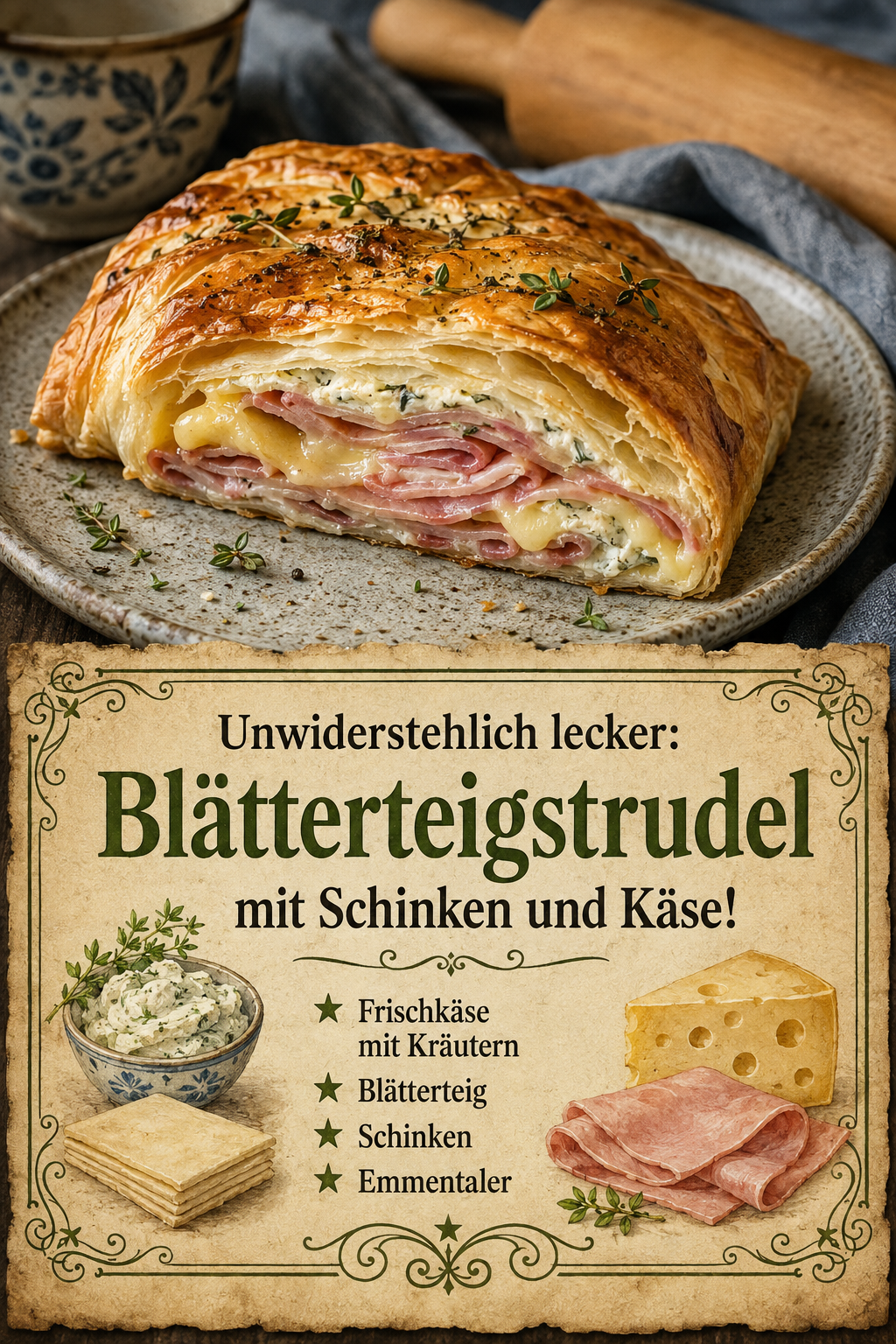 Unwiderstehlich lecker: Blätterteigstrudel mit Schinken und Käse!