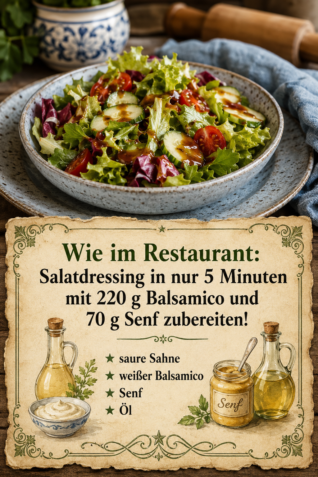 Wie im Restaurant: Salatdressing in nur 5 Minuten mit 220 g Balsamico und 70 g Senf zubereiten!