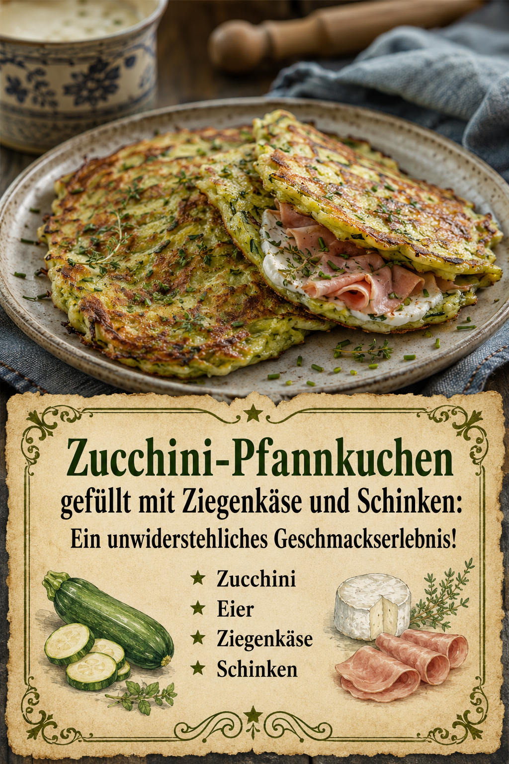 Zucchini-Pfannkuchen gefüllt mit Ziegenkäse und Schinken: Ein unwiderstehliches Geschmackserlebnis!